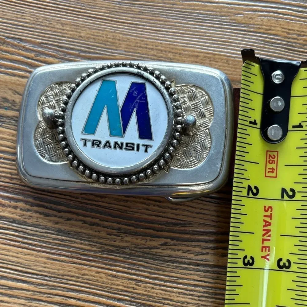 Vintage M Transit Logo Silver and Blue Belt Buckle